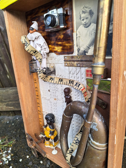 Vintage wooden drawer "the measure of life" assemblage art